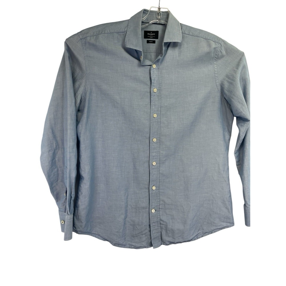 HACKETT London Men Large  Slim Fit Blue Linen Blend Button Up Shirt (Q2) NW/OTs
